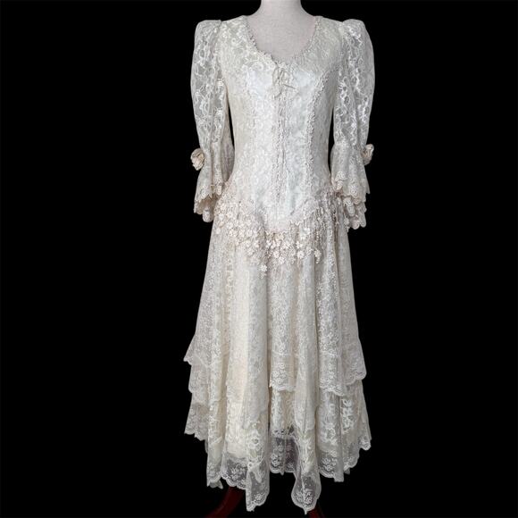 Vintage Victorian Visions White Lace Prairie Dress Regency Lagenlook Boho Size 6 - Picture 1 of 14